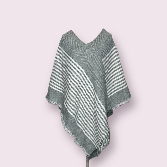 FRANCESCAS Fringe Gray & White Striped Poncho - Picture 1 of 7